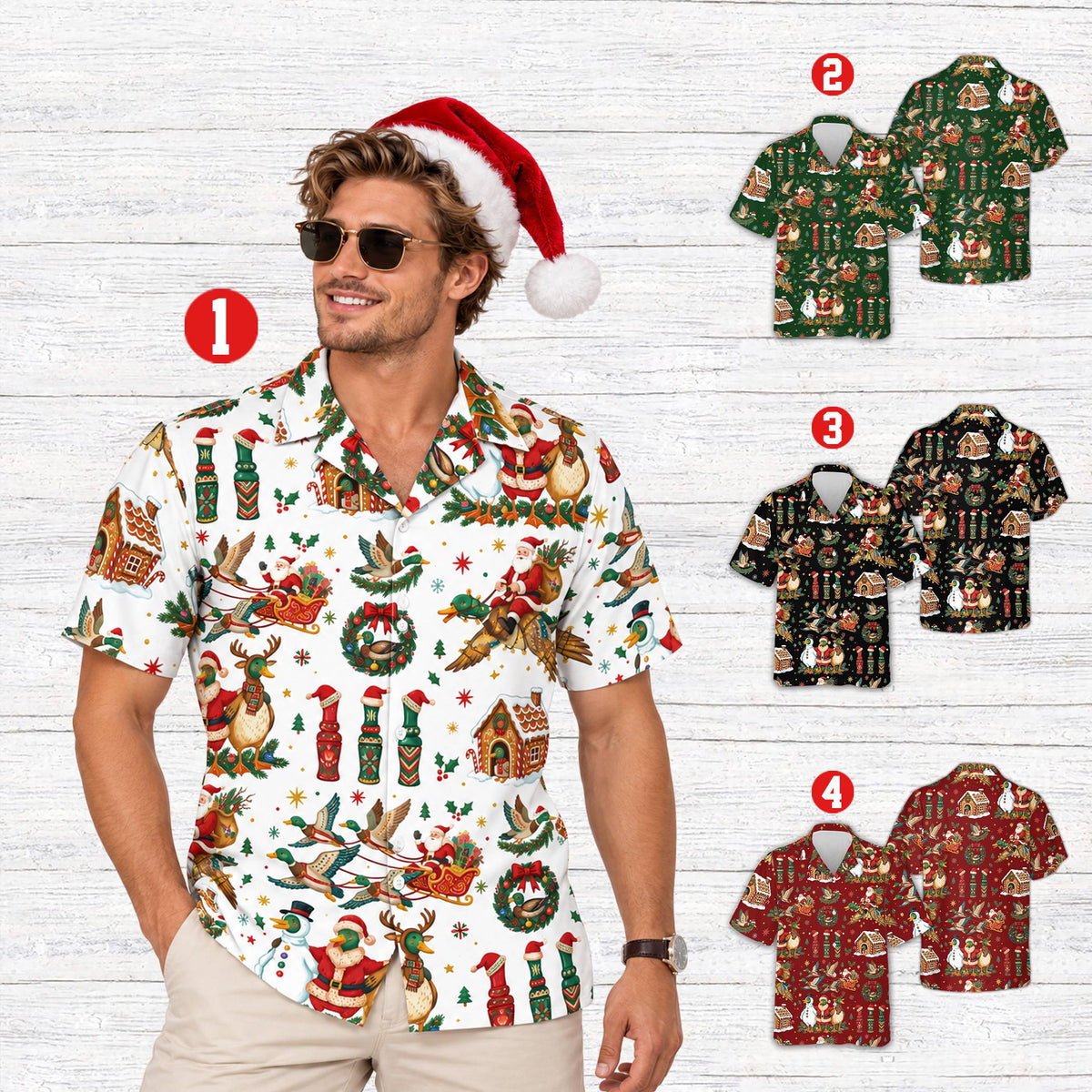 Lifestyle view of matching family hawaiian shirts featuring the holiday duck hunting print