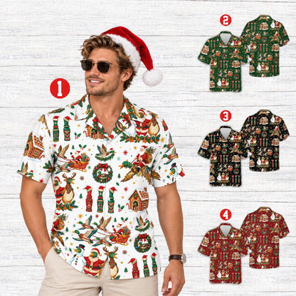 Lifestyle view of matching family hawaiian shirts featuring the holiday duck hunting print