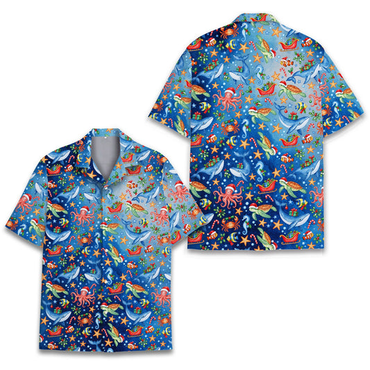 Matching family hawaiian shirt featuring christmas marine life on a blue background, main view