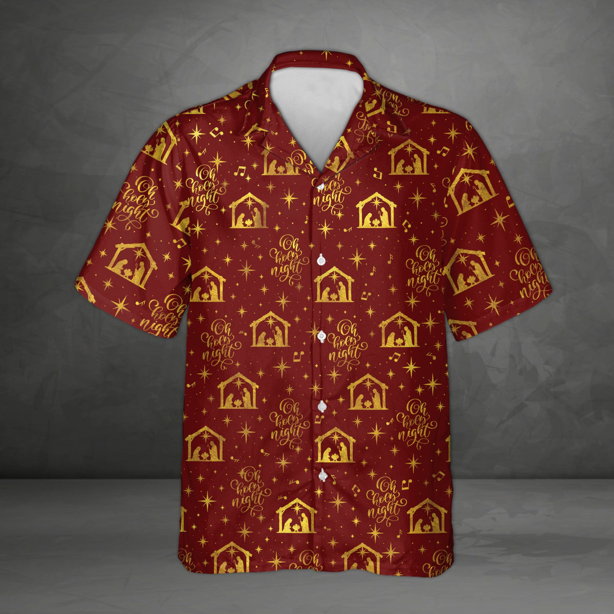 Maroon matching family hawaiian shirt with Oh holy night script, front view
