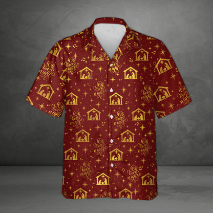 Maroon matching family hawaiian shirt with Oh holy night script, front view