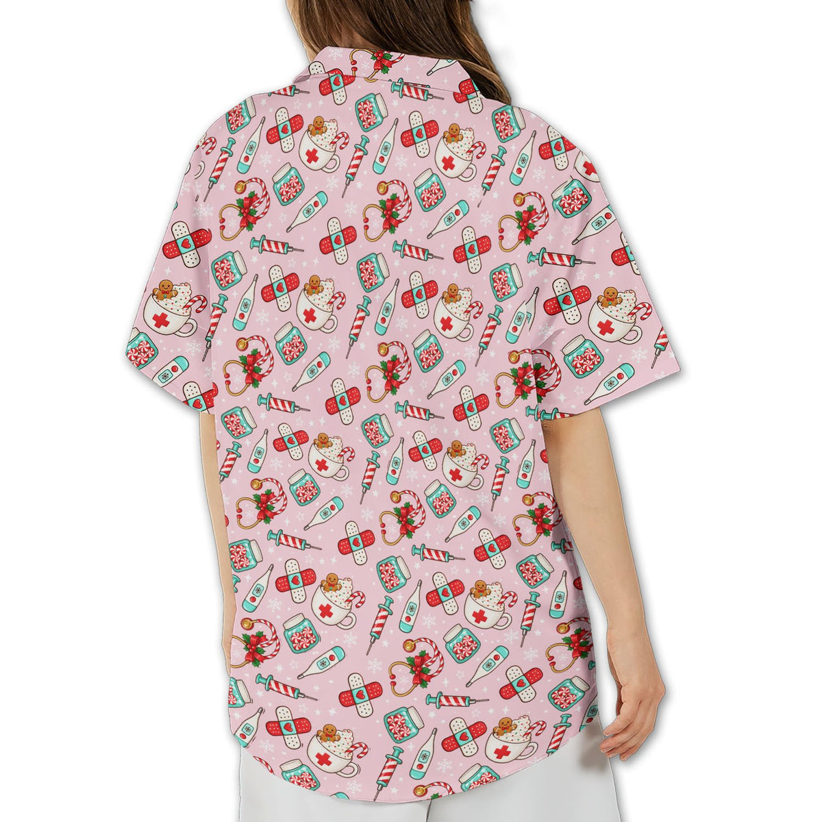 Alternate back view of the pink holiday medical hawaiian shirt
