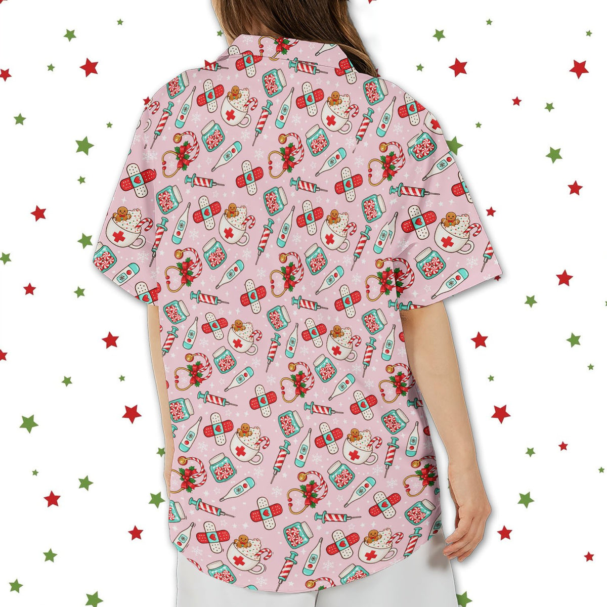 Back view of the matching family hawaiian shirt with festive medical pattern