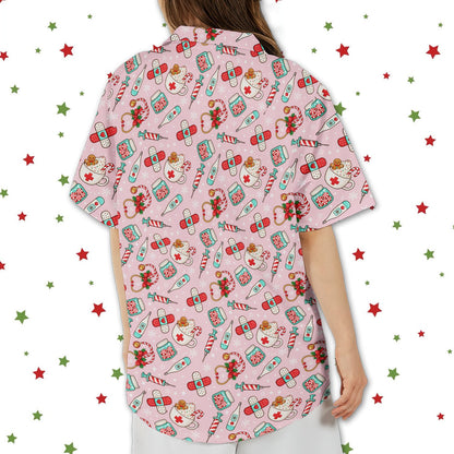 Back view of the matching family hawaiian shirt with festive medical pattern