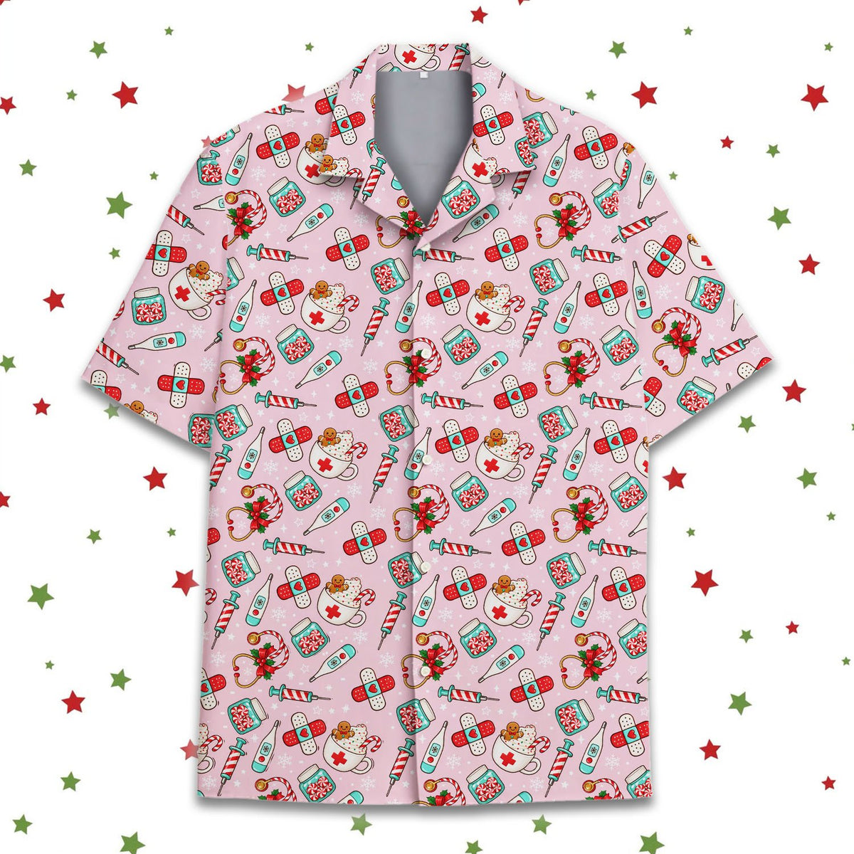 Alternate front view of the light pink holiday medical hawaiian shirt