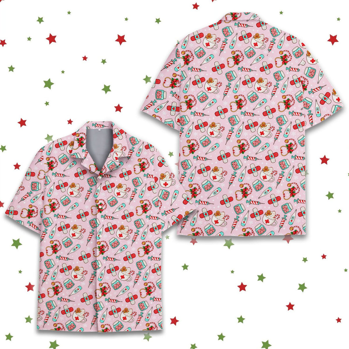 Main view of the matching family hawaiian shirts with a pink christmas medical pattern
