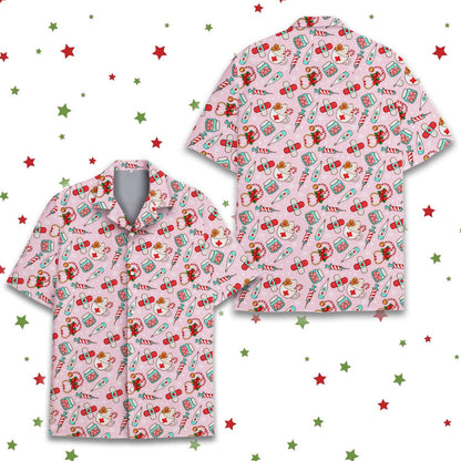 Main view of the matching family hawaiian shirts with a pink christmas medical pattern