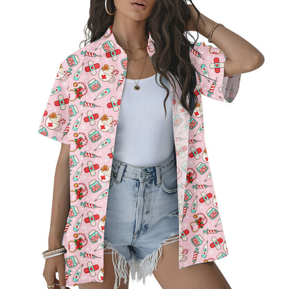 Another lifestyle view showcasing the festive medical hawaiian shirt