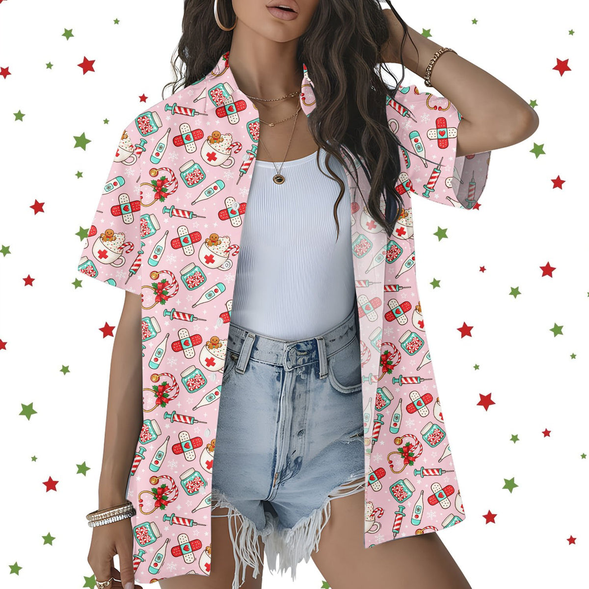 Close up lifestyle view of the holiday hawaiian shirt pattern