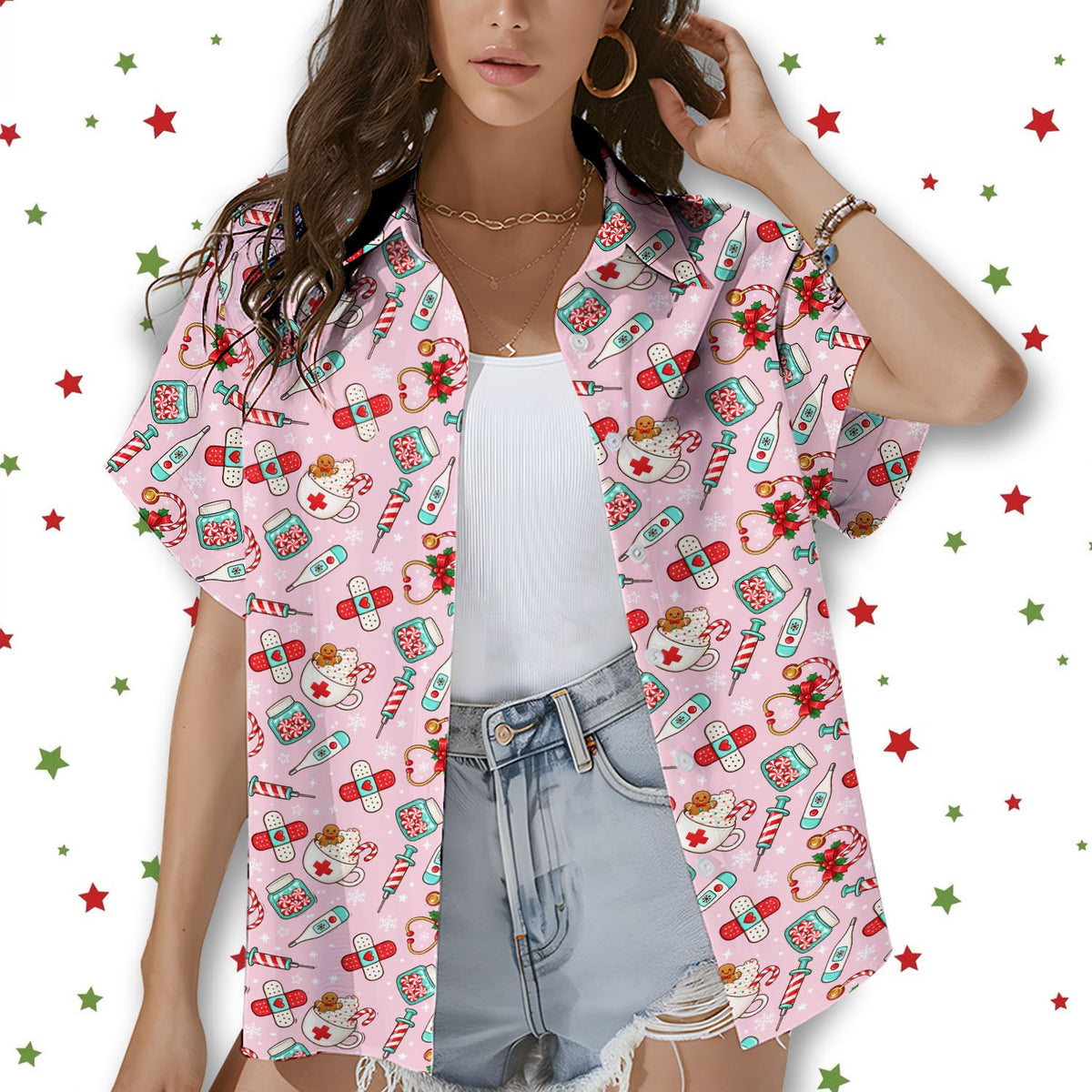 Lifestyle view of someone wearing the christmas medical hawaiian shirt