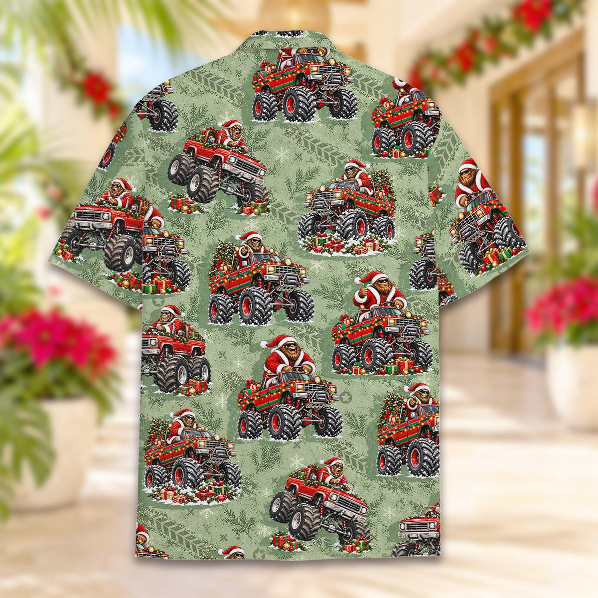 Alternate back view of the green christmas monster truck hawaiian shirt