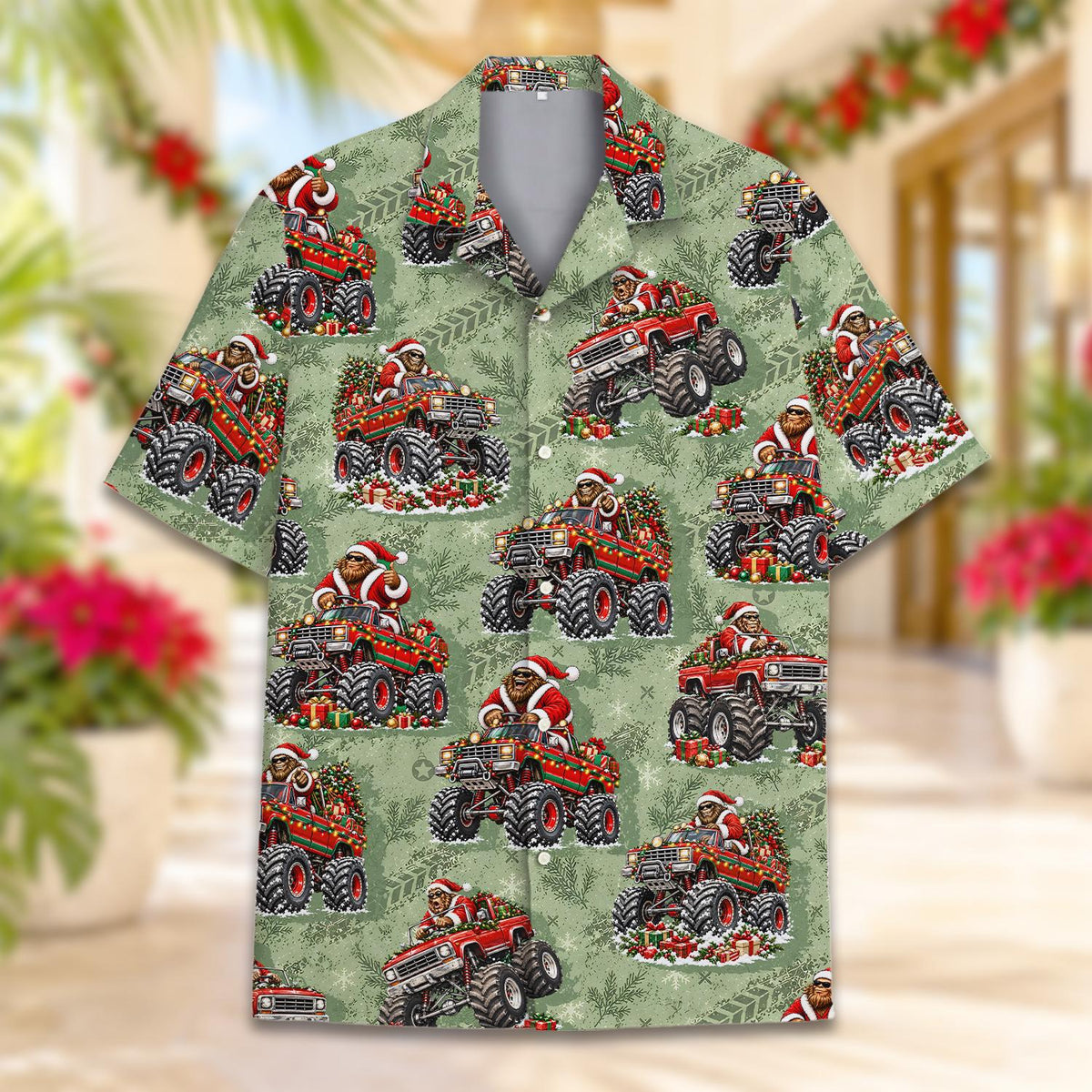 Front view of the christmas monster truck hawaiian shirt