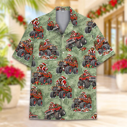 Light green holiday hawaiian shirt with Santa driving a monster truck