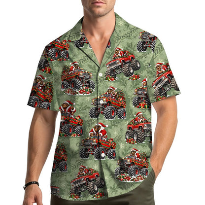Lifestyle view of a family wearing matching christmas monster truck hawaiian shirts