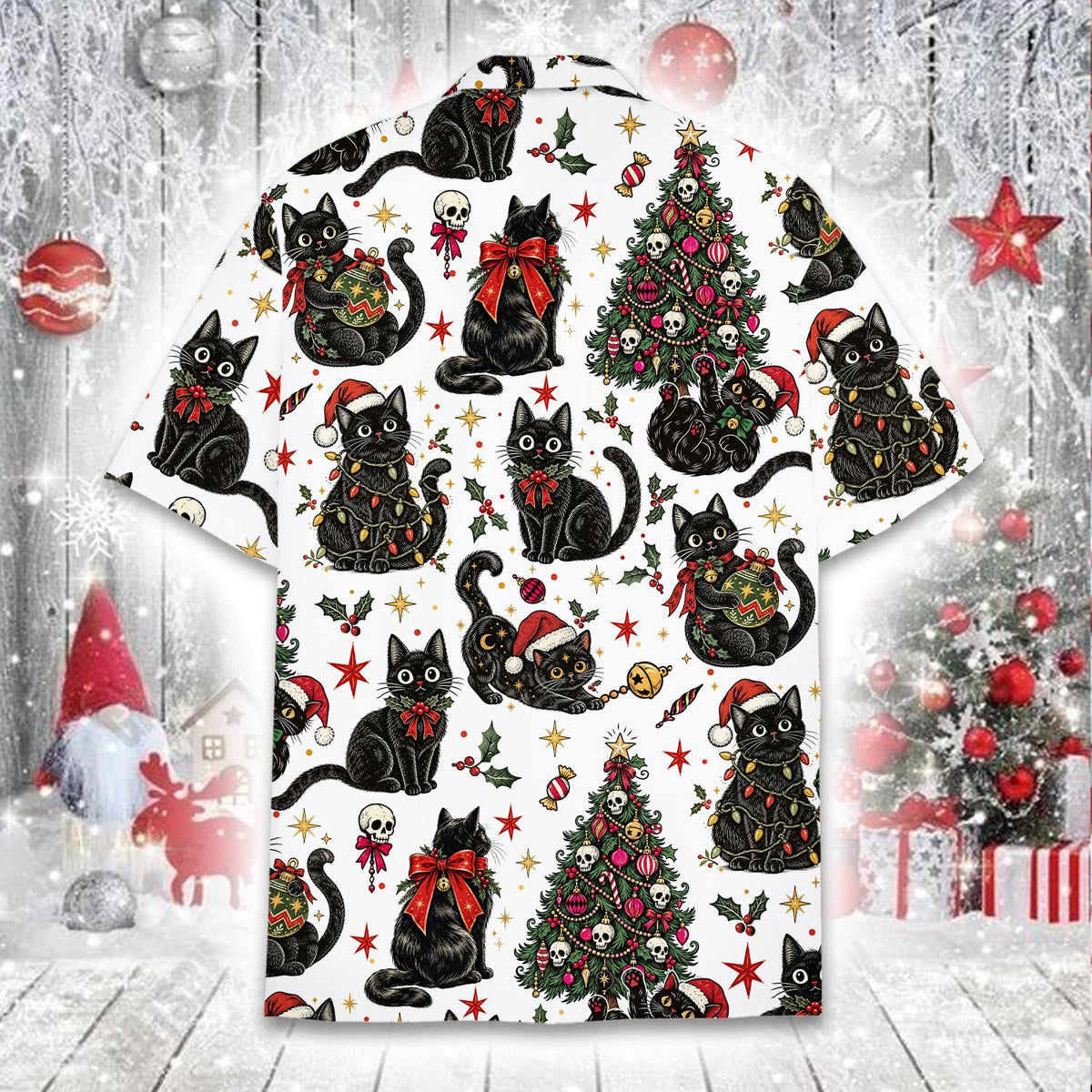 Back detail of the matching family hawaiian shirt with holiday cats