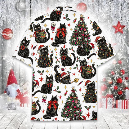 Back detail of the matching family hawaiian shirt with holiday cats