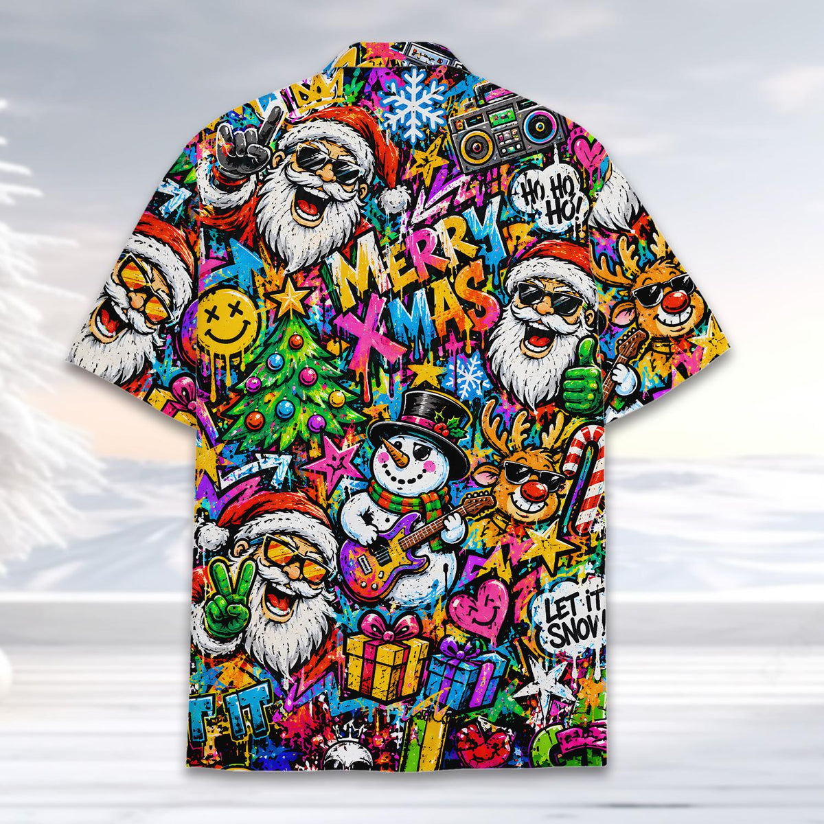 Matching family hawaiian shirts back view with neon holiday art