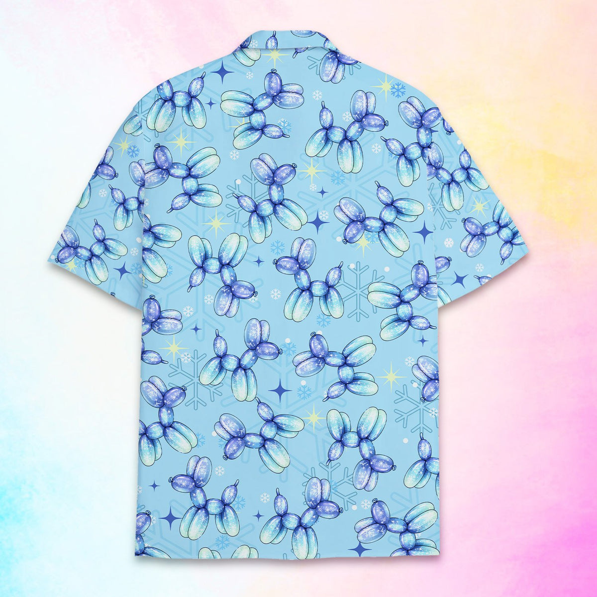 Light blue christmas hawaiian shirt with balloon dog and snowflake pattern, flat back view