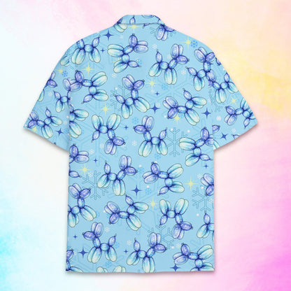 Light blue christmas hawaiian shirt with balloon dog and snowflake pattern, flat back view