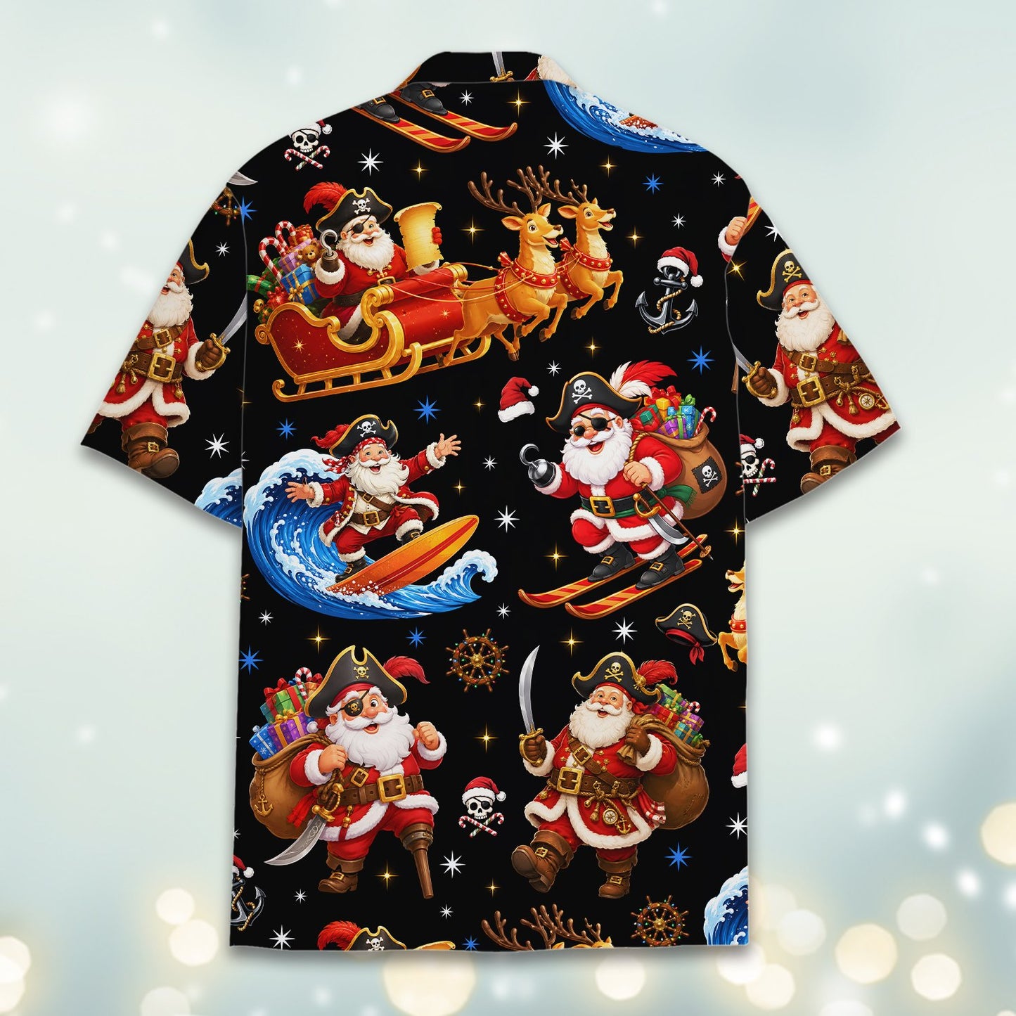 Second back view detailing the pirate Santa and skull and crossbones print