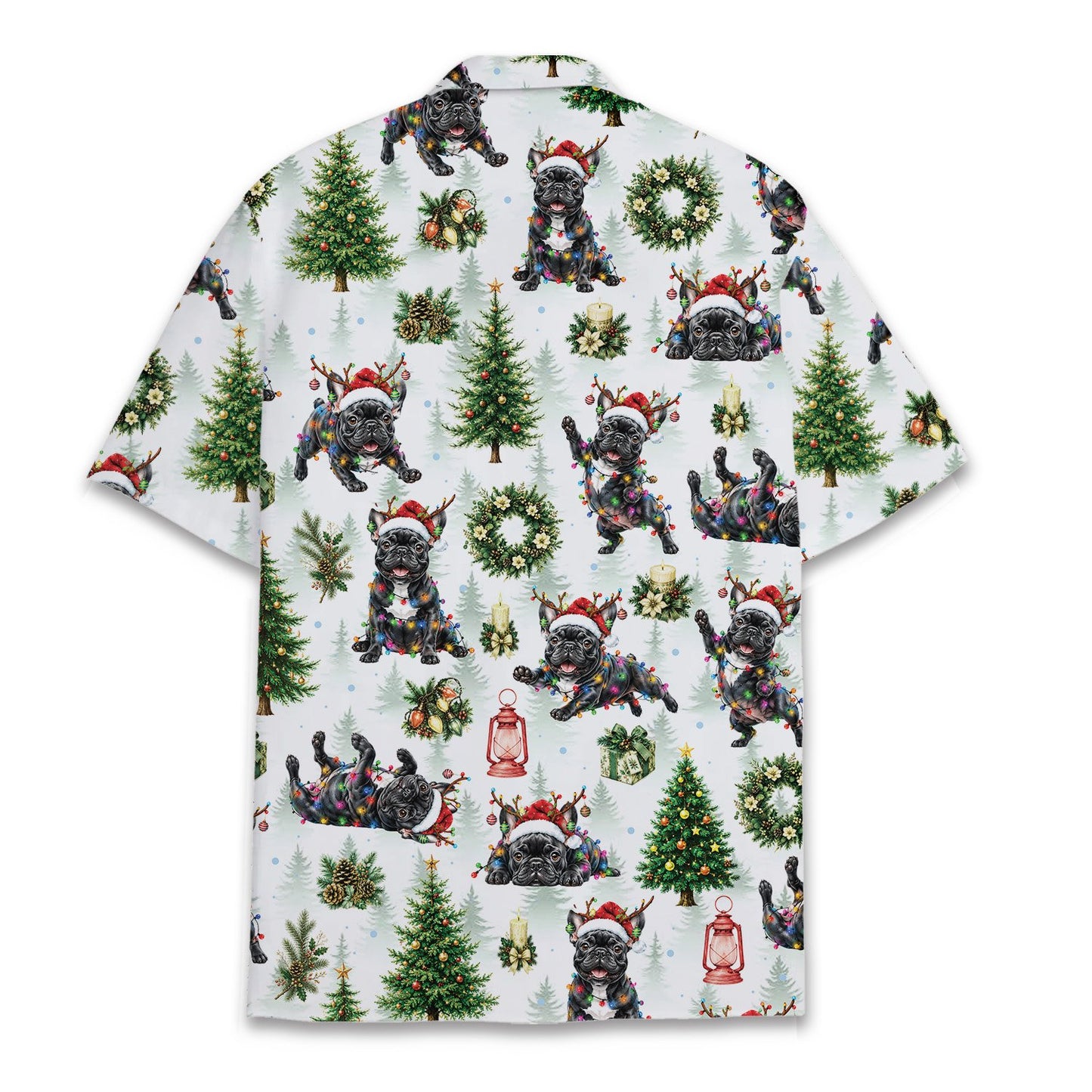 Another back view of the holiday dog pattern shirt