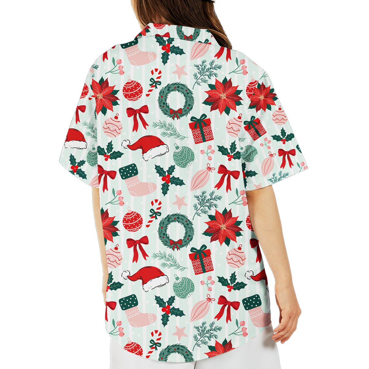 Another back view of the festive hawaiian shirt showing holiday motifs
