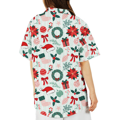Another back view of the festive hawaiian shirt showing holiday motifs