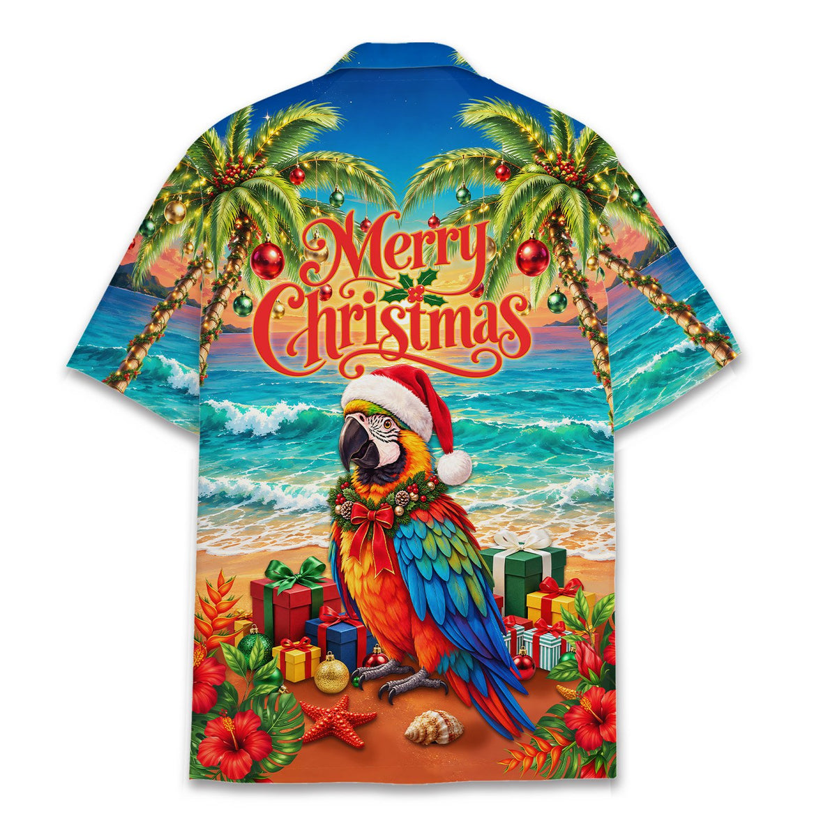Another back view of the vibrant holiday hawaiian shirt