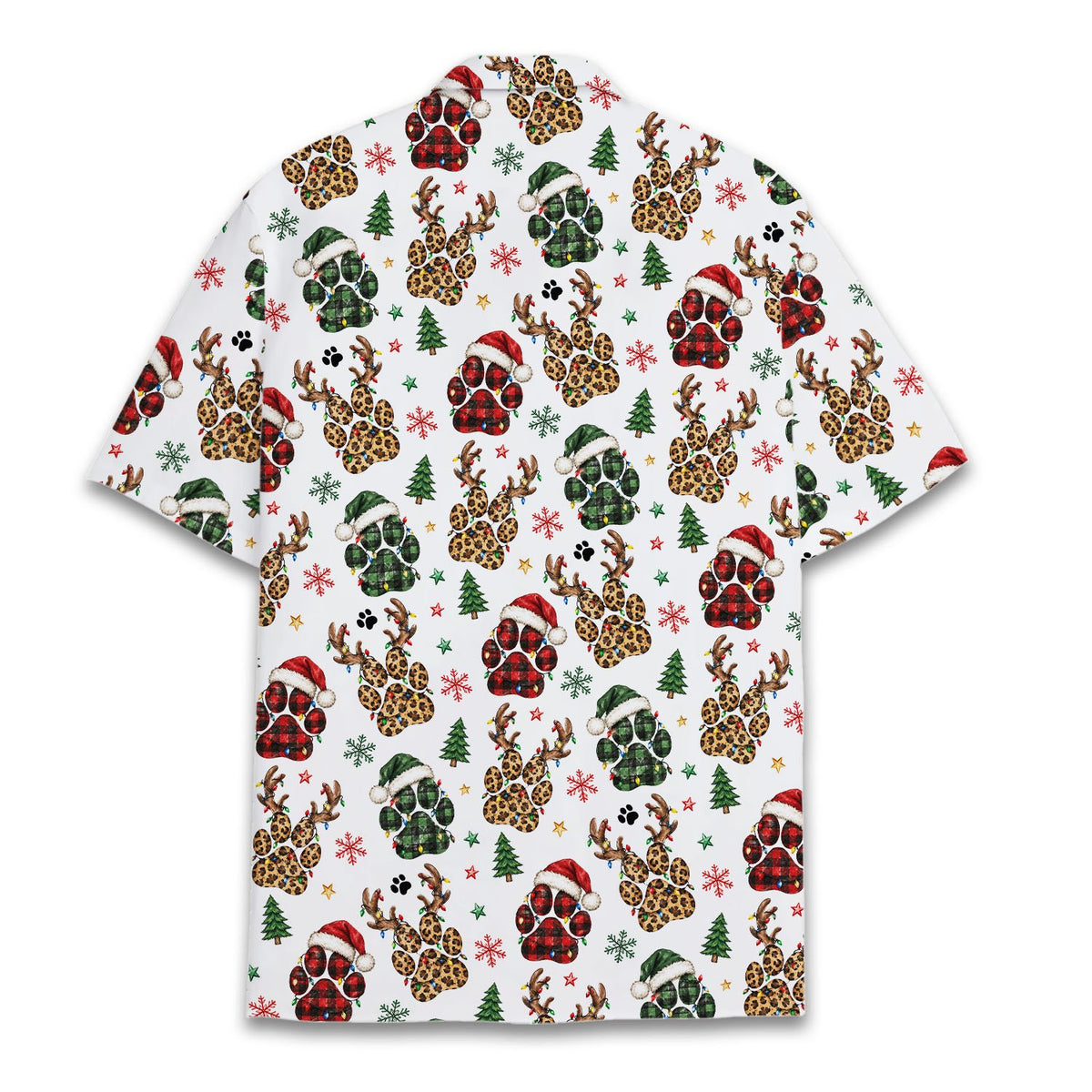 Alternate back view of the holiday paw print hawaiian shirt