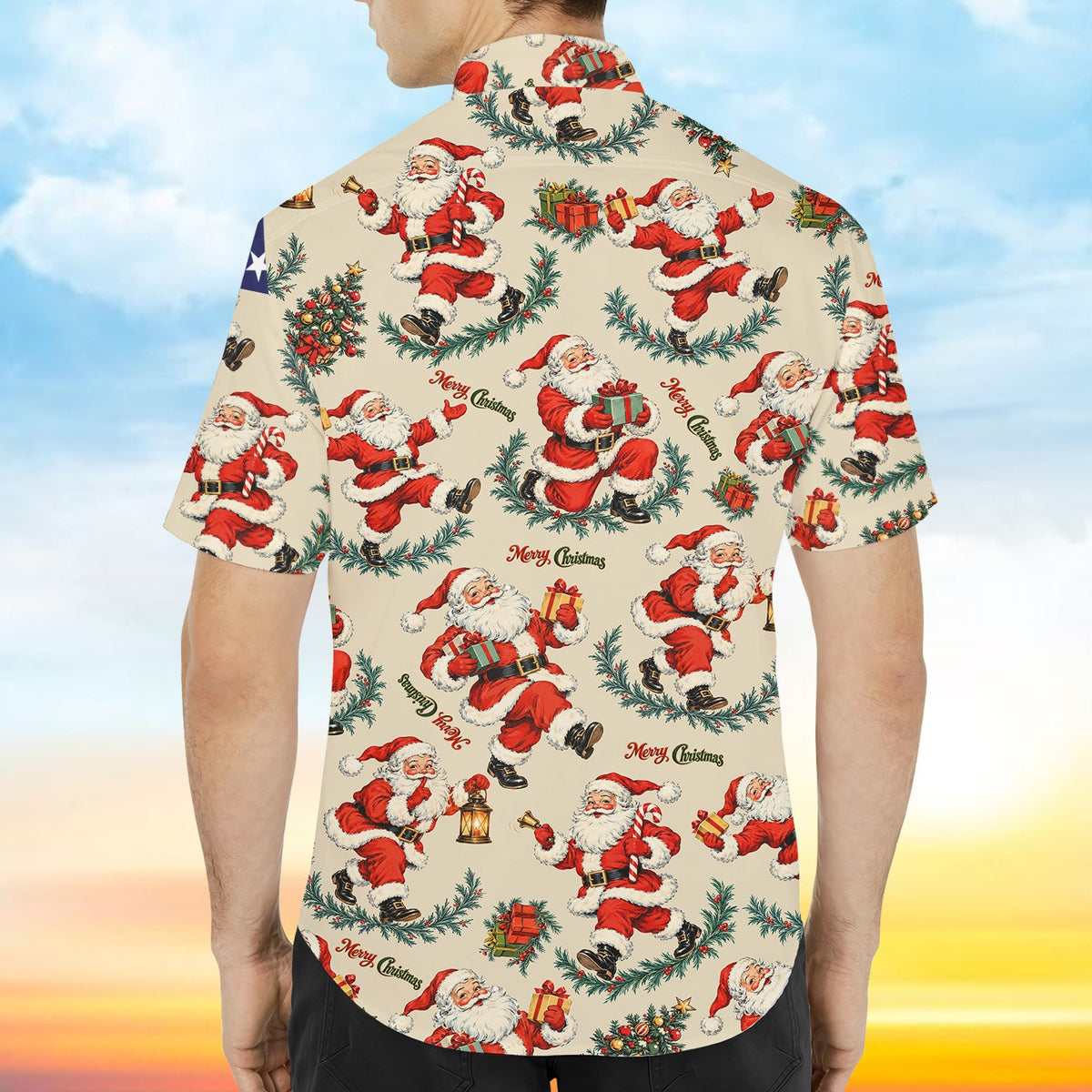Close up back view of vintage Santa beige Christmas hawaiian shirt