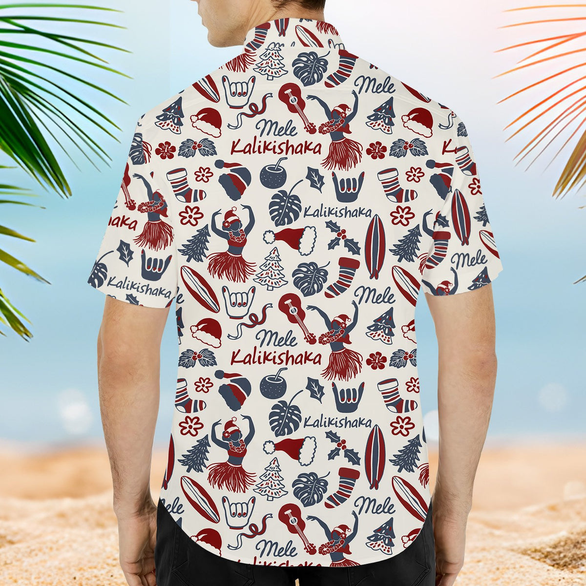 Alternate back view of matching family Christmas Hawaiian shirt