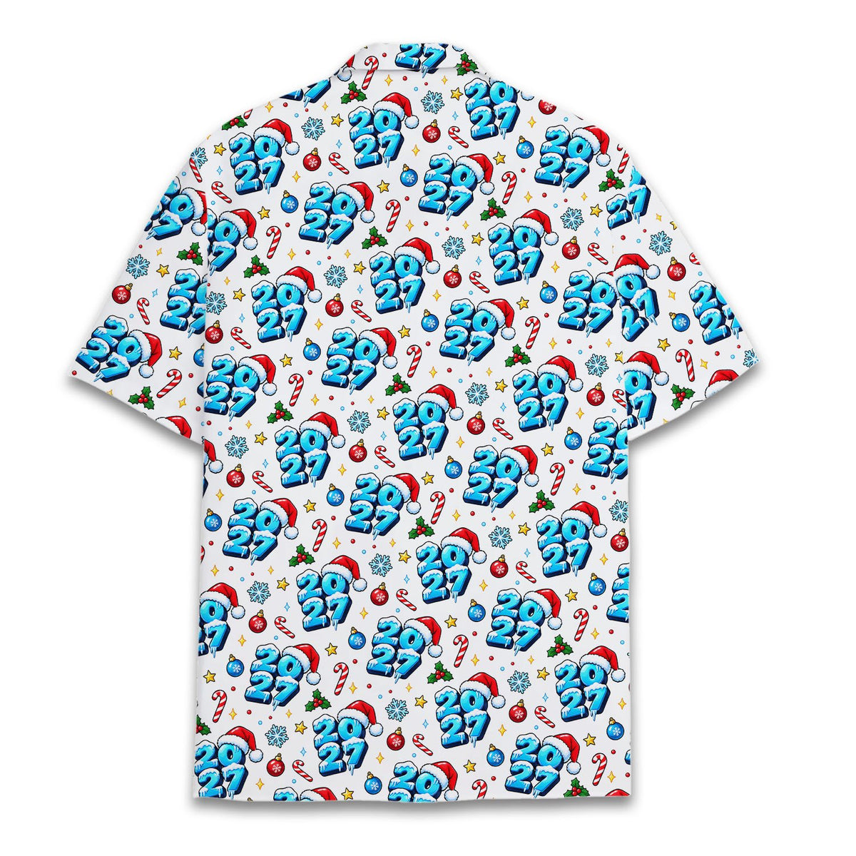 Alternate back view of the white holiday hawaiian shirt