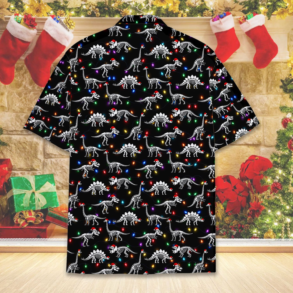 Additional back view showing the vibrant red and white holiday dinosaur print