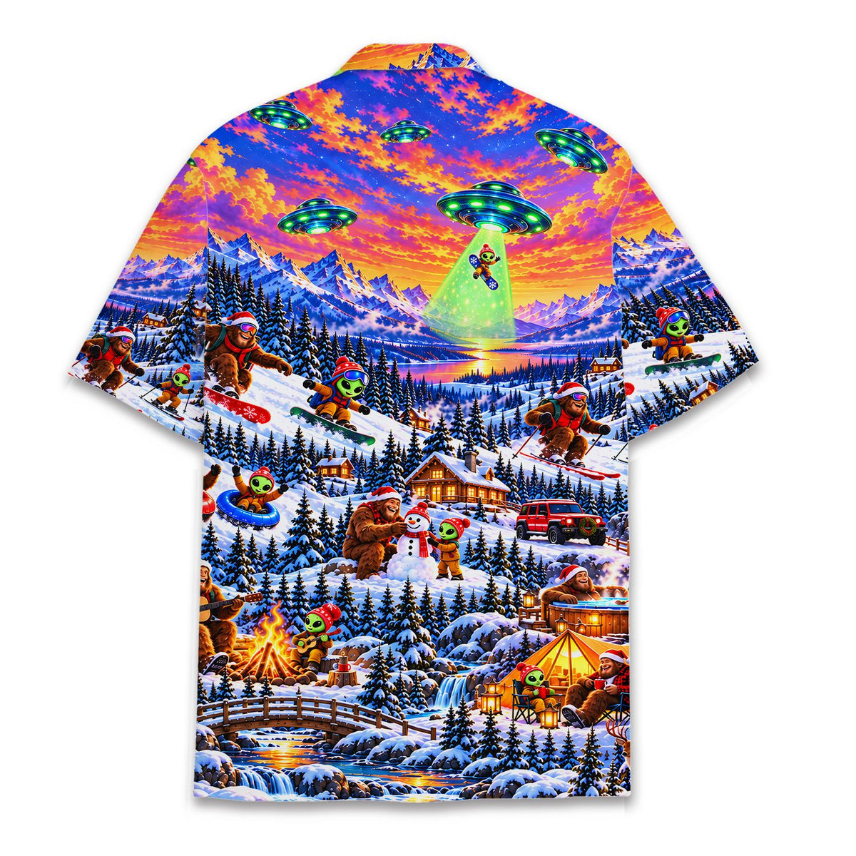 Snowy alien christmas hawaiian shirt back view showing aliens skiing