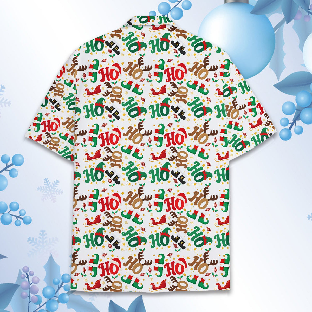 Detailed back view showing Santa hats and reindeer antlers on the shirt