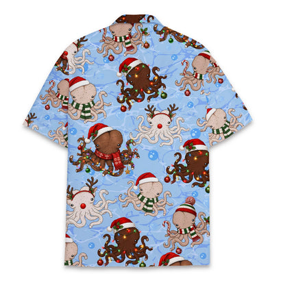 Another back view of the light blue holiday hawaiian shirt