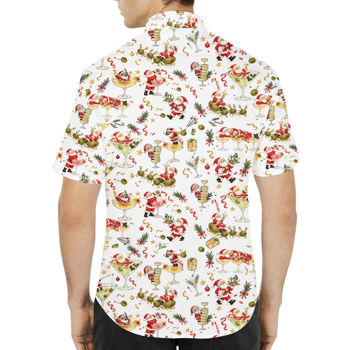 Detailed back view of the Santa and martini pattern hawaiian shirt