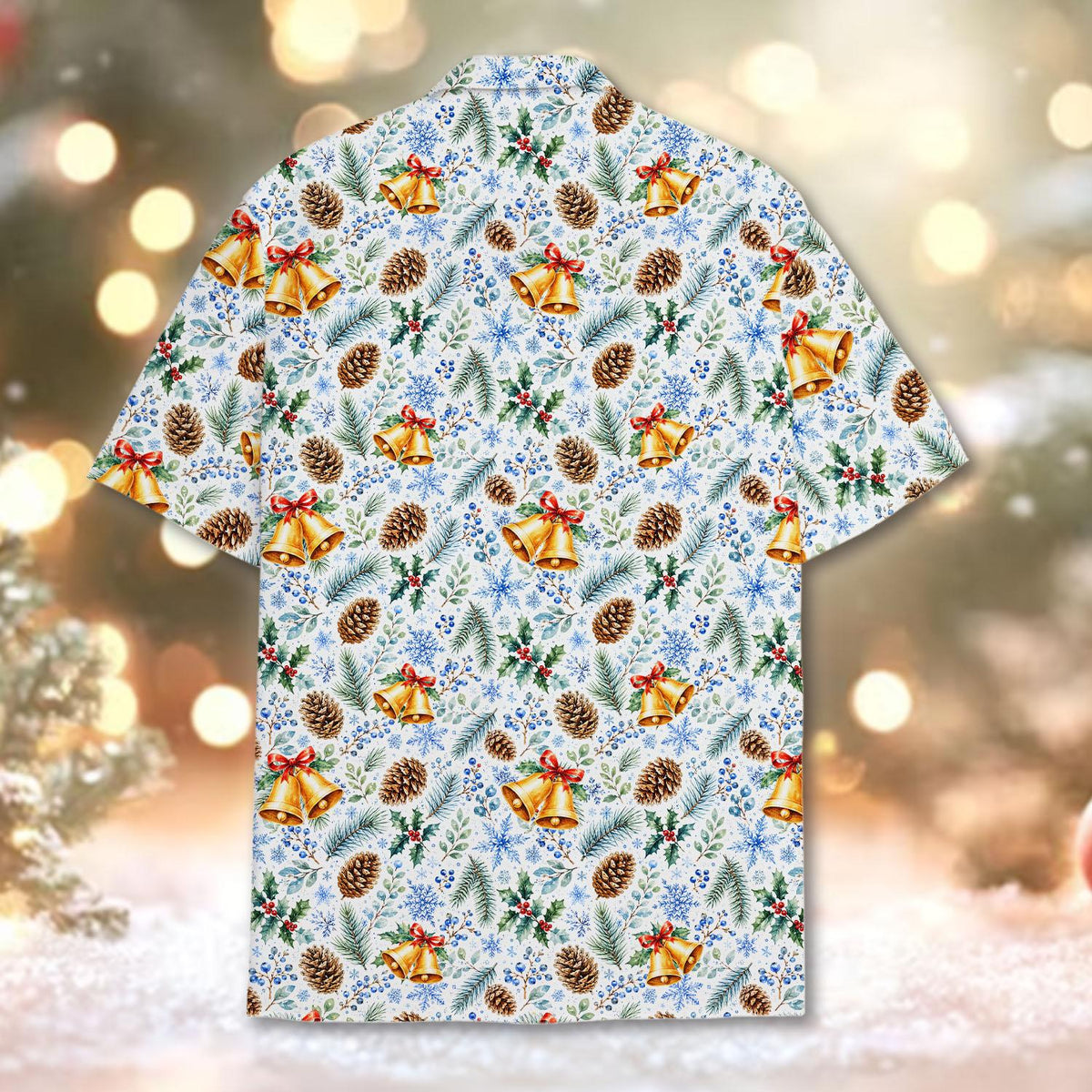 Another back view of the Christmas pattern Hawaiian shirt.