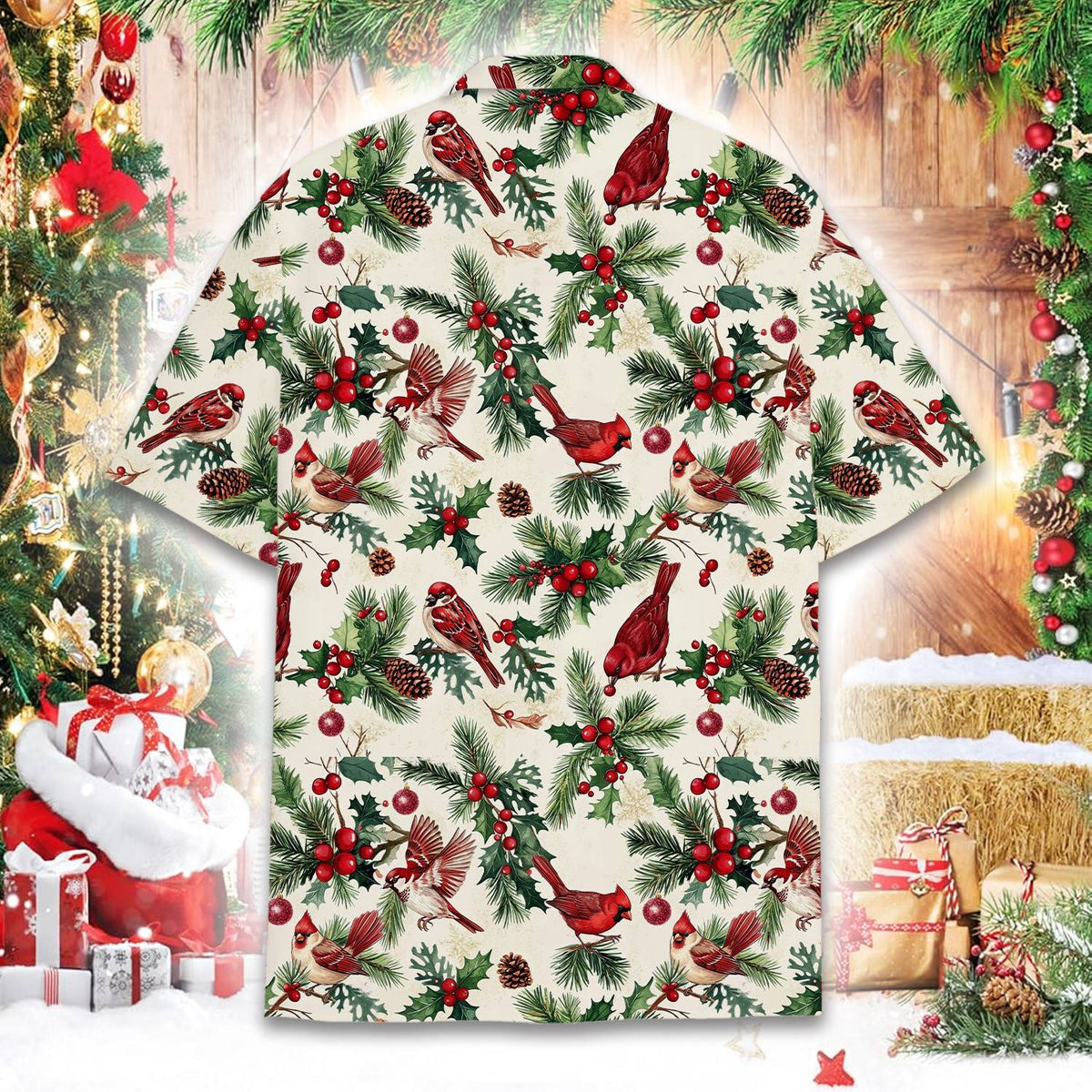 Alternate back view of the vintage cardinal holiday hawaiian shirt