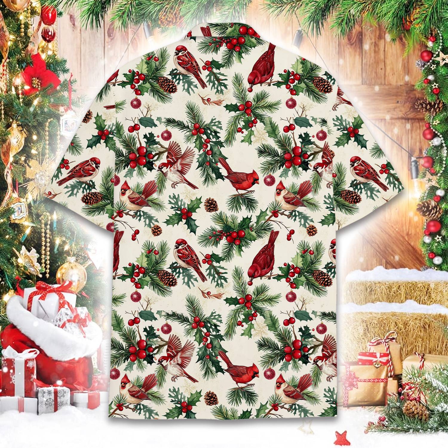 Alternate back view of the vintage cardinal holiday hawaiian shirt