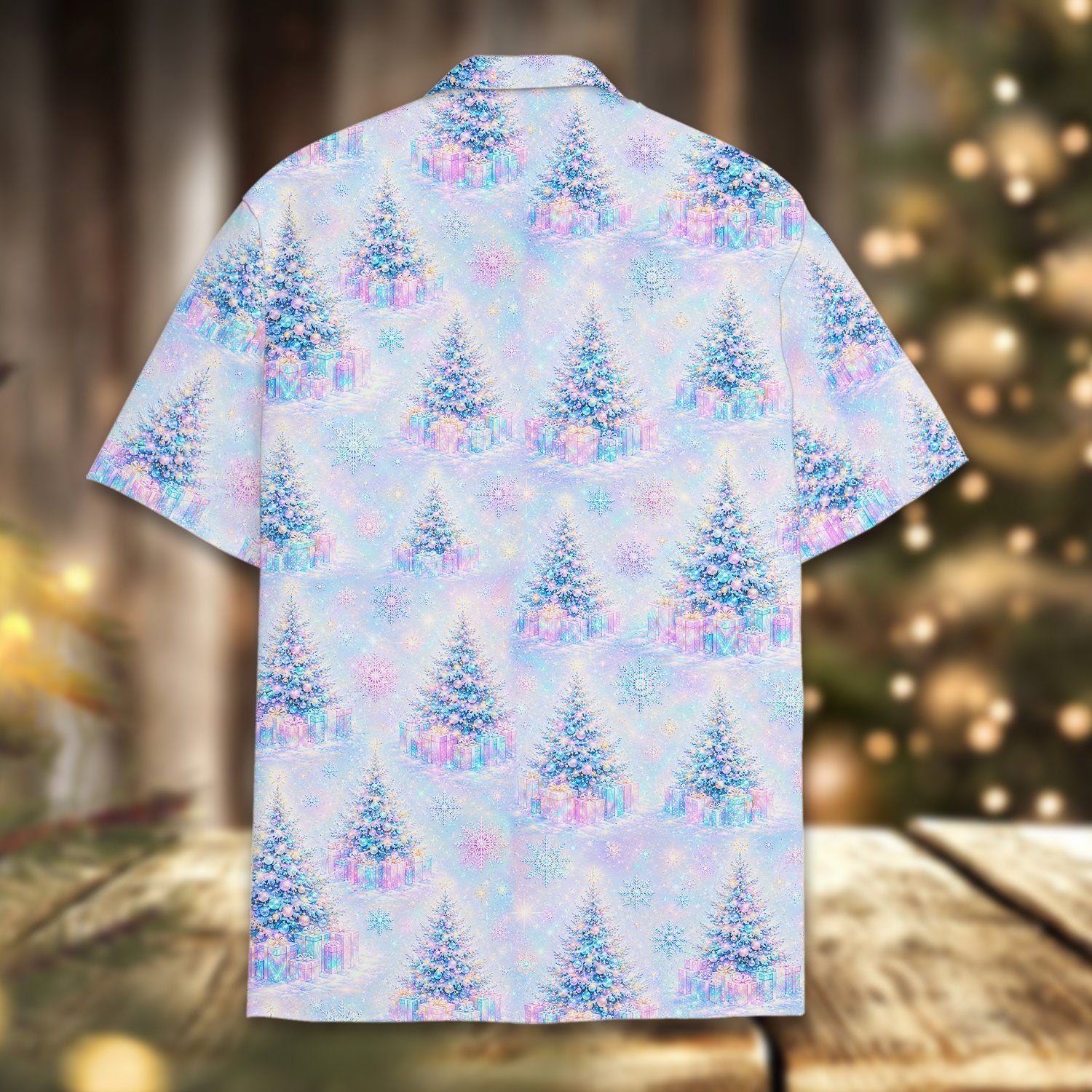 Alternative back view showing the all-over christmas tree print