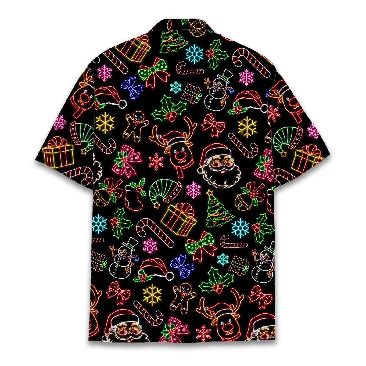 Detailed back view of the black neon Christmas hawaiian shirt
