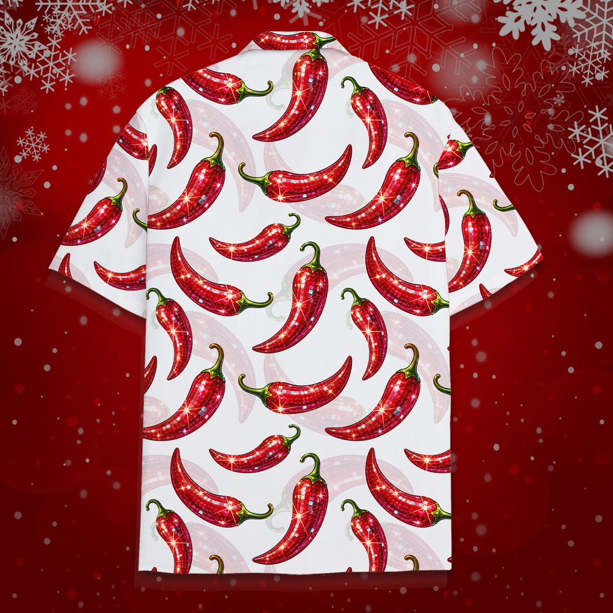 Multicolor matching family Christmas hawaiian shirt featuring disco chili peppers, back view
