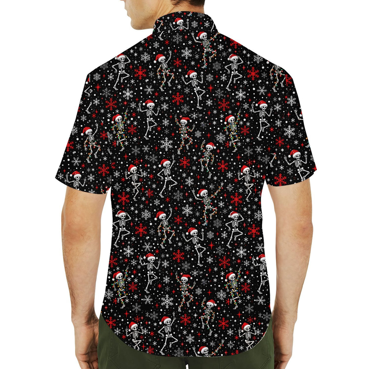 Detailed back view of the black and red skeleton hawaiian shirt