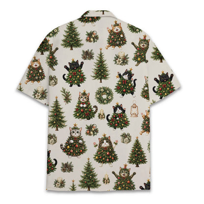 Alternate back view of the beige holiday cat hawaiian shirt