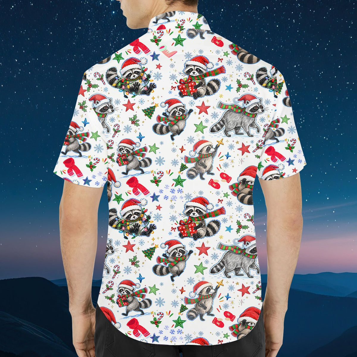Another back view of the festive hawaiian shirt.