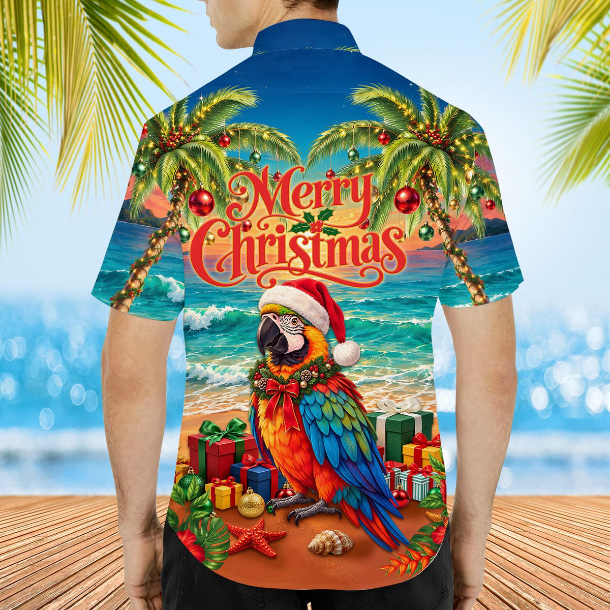 Detailed back view of the tropical christmas hawaiian shirt