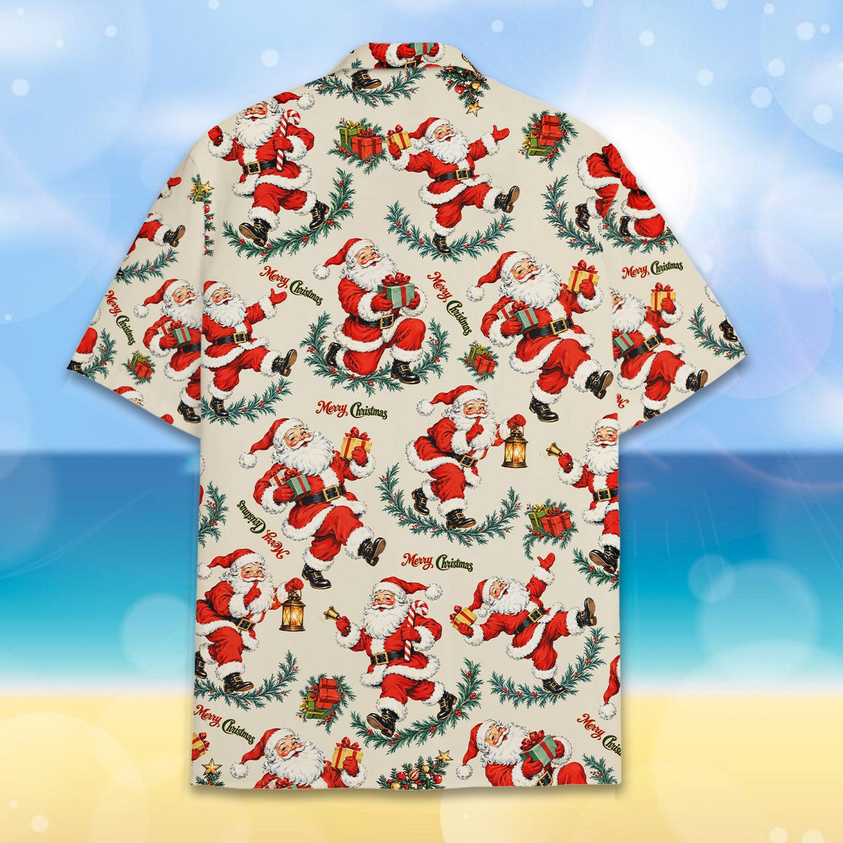 Full back view of vintage Santa beige Christmas hawaiian shirt