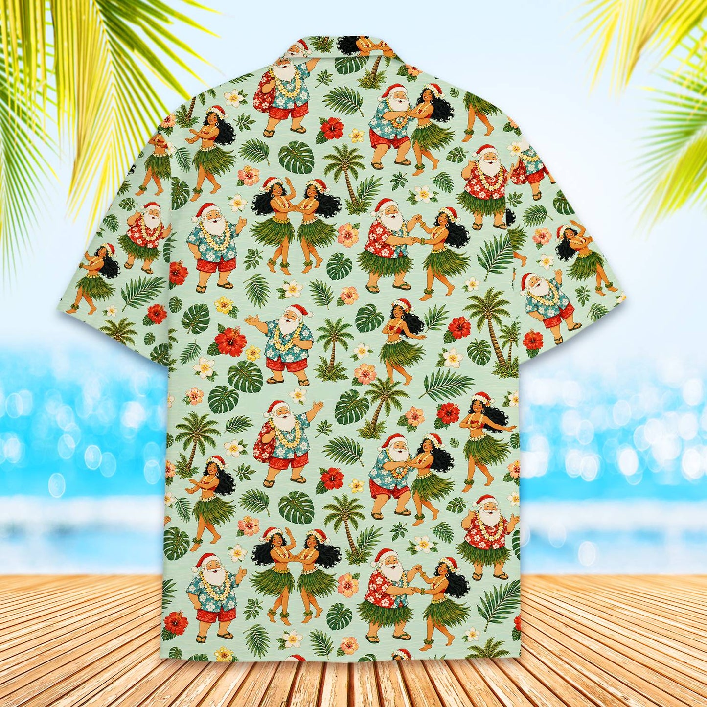 Detailed back view showcasing the palm tree and hibiscus print
