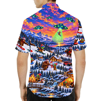 Snowy alien christmas hawaiian shirt back view highlighting sunset sky and UFOs